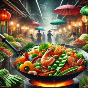 DALL·E 2024-08-26 11.08.38 - A vibrant image of a wok filled with colorful Asian ingredients, including fresh vegetables like bell peppers, carrots, and snow peas, along with shri